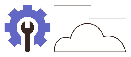 Gear with a wrench symbolizes tools and settings, paired with an abstract cloud outline. Ideal for technology, cloud computing, IT infrastructure, SaaS, data storage, development, simple flatのイラスト素材