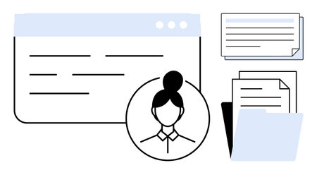 Female profile avatar, webpage interface, and document stack with folder symbolizing user profile, data management, organization, workflow, networking, personal information, and structured tasksのイラスト素材