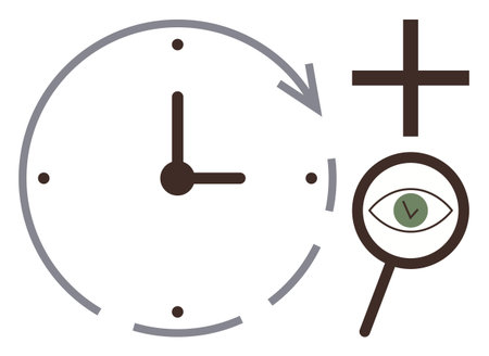 Clock with arrow suggesting time, magnifying glass over eye symbolizing analysis or focus, and a cross representing positivity or addition. Ideal for productivity, time optimization, focus, planningのイラスト素材