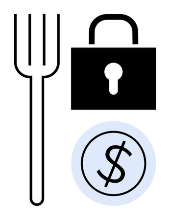 Fork, secure padlock, and dollar sign representing financial stability, food safety, and security. Ideal for concepts in finance, insurance, economy, food safety restricted access trade orのイラスト素材