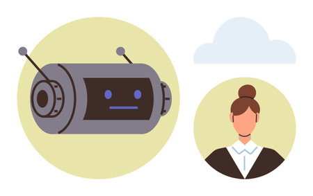 Robot face with antennas beside a professional woman portrait and a cloud icon. Ideal for technology, human-AI collaboration, innovation, teamwork, digital communication, futuristic workforce, simpleのイラスト素材