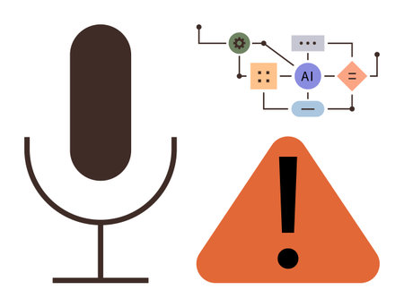 Microphone for voice input, AI-based flowchart symbolizing data processing, and warning triangle indicating caution. Ideal for AI ethics, tech safety, voice technology, automation, problem-solvingのイラスト素材
