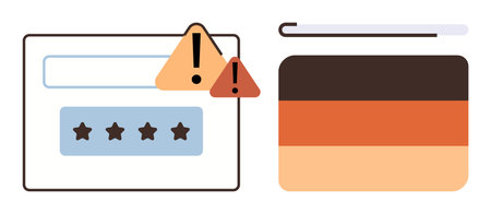 Password input field with rating stars alongside warning alerts and progress bar. Ideal for cybersecurity, web design, authentication, risk alert, data protection, user interface concepts, simpleのイラスト素材