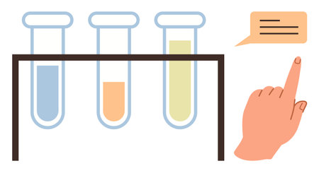 Test tubes with blue, orange, and yellow liquid on a rack beside a hand pointing to a speech bubble. Ideal for science, education, communication, research, experimentation, lab work simple flatのイラスト素材