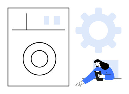 Laundry machine interface and gear icon paired with woman using tablet for troubleshooting tasks. Ideal for technical support, maintenance, repair services, technology, mechanics, innovationのイラスト素材