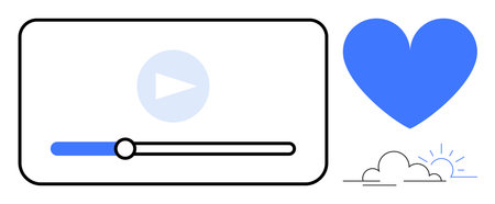Video player with progress bar and play button, large blue heart icon, minimalist sky with clouds and sun. Ideal for media content, love, relaxation, positivity, entertainment, inspiration simpleのイラスト素材