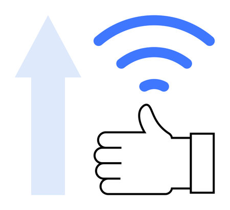 Thumbs-up hand symbol, upward arrow, and blue wireless signal bars convey approval, growth, and wireless connectivity. Ideal for technology, communication, feedback, success progress innovationのイラスト素材