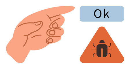 Finger pointing at triangular bug warning sign and OK label, symbolizing bug fixing, error handling, approval, decision-making, software debugging, cautionary actions, and simple flat metaphorのイラスト素材