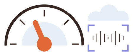 Speedometer with orange needle, cloud symbol, and audio waveform in scanning bracket. Ideal for technology, performance, optimization, analytics, monitoring cloud solutions communication. Simpleのイラスト素材