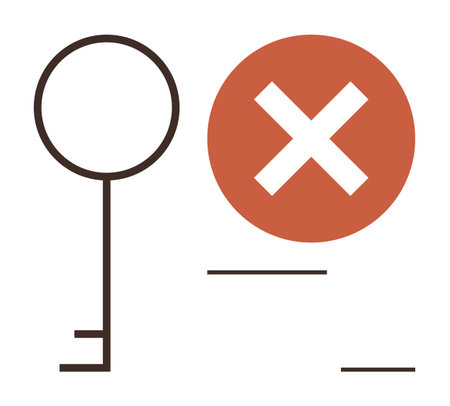Minimalistic outline of a key and bold red X symbol. Ideal for security, access control, restriction, denial, data breach, forbidden concepts, simple flat metaphorのイラスト素材