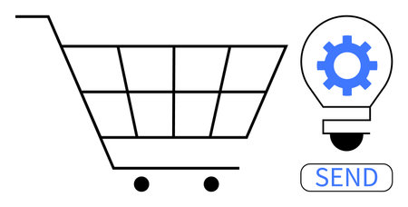 Shopping cart paired with a lightbulb featuring a gear and a send button, symbolizing e-commerce, creativity, innovation, online shopping, technology, business solutions, and teamwork. Idealのイラスト素材