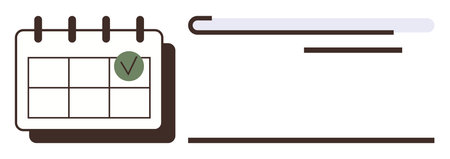 Calendar with marked date using a green checkmark next to a horizontal notebook. Ideal for planning, organization, scheduling, productivity, task management, goal tracking, simple flat metaphorのイラスト素材