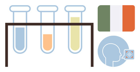 Test tubes with colorful liquids, Irish flag, and DNA analysis visualization. Ideal for genetics, research, healthcare, biotechnology, education science communication personalized medicine. Simpleのイラスト素材