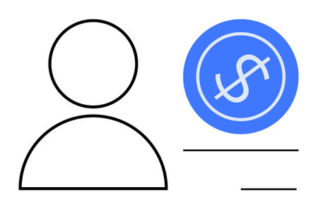 Simple user icon next to a blue circle with a dollar sign, signifying finance, transactions, or payment. Ideal for personal finance, e-commerce, budgeting, banking, digital identity account setupのイラスト素材