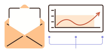 Open envelope with letter alongside a chart showing a rising trend. Ideal for marketing, analytics, communication, business growth, strategy, email campaigns, and data visualization. Modern flatのイラスト素材