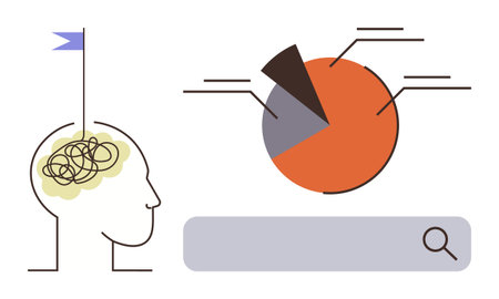 Human head with flag and tangled brain lines next to pie chart and search bar. Ideal for productivity, goals, focus, problem-solving, data analysis, research, decision-making simple flat metaphorのイラスト素材