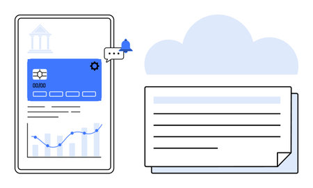 Mobile interface with credit card, graphs, and notification beside cloud storage with layered documents. Ideal for finance, banking, technology, data analysis, business, digital securityのイラスト素材