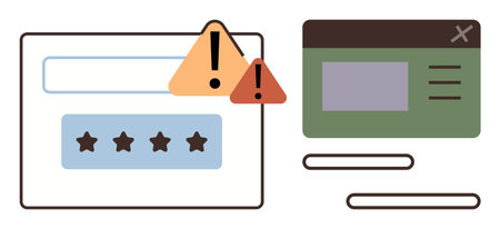 Password input form with stars, warning triangles, and green user interface modal. Ideal for security, online safety, privacy, authentication, caution, web design simple flat metaphorのイラスト素材