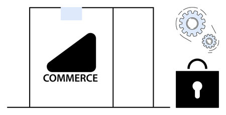 Retail store graphic with Commerce text, secured padlock, and gears denoting security, integration, and operations. Ideal for e-commerce, online trade, cybersecurity, automation technology trustのイラスト素材