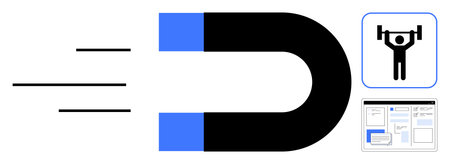 Magnet pulling fitness symbol and web design interface, symbolizing attraction, empowerment, connectivity, strength, and influence. Ideal for marketing, fitness, design strategy innovationのイラスト素材