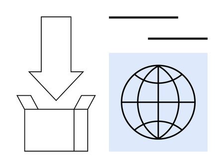 Open box with downward arrow alongside a globe icon representing global delivery, export, and import systems, and international trade. Ideal for business, shipping, logistics, delivery, connectivityのイラスト素材