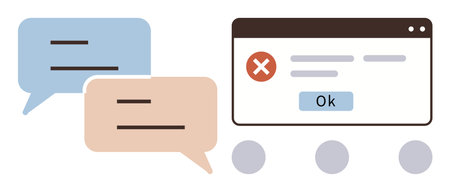 Browser window with error message, Ok button, two speech bubbles in blue and beige, concept of communication, troubleshooting, error reporting, technical support. Ideal for tech, customer supportのイラスト素材