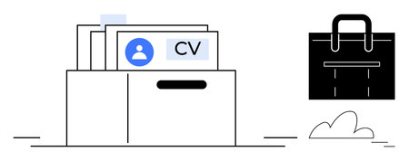 Stack of resume files in an open box alongside a black briefcase. Ideal for recruitment, job search, hiring, career growth, HR management, document sorting, simple flat metaphorのイラスト素材