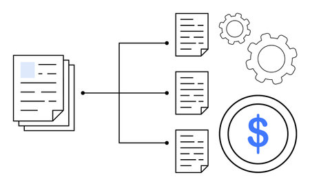 Document stack connected to split files, gears symbolizing processes, dollar sign for monetization. Ideal for workflow, automation, finance, file sharing, document management, process optimizationのイラスト素材