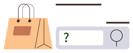 Shopping bag alongside search bar with magnifying glass, symbolizing online purchasing. Ideal for e-commerce, shopping, convenience, marketing, data search, web design, simple flat metaphorのイラスト素材