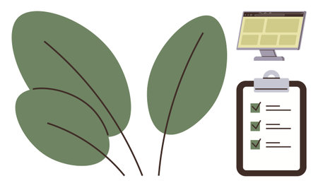 Green leaves paired with checklist on clipboard and digital monitor. Ideal for sustainability, eco-friendly strategies, audits, productivity, goal-setting, environment, modern workflow. Simple flatのイラスト素材