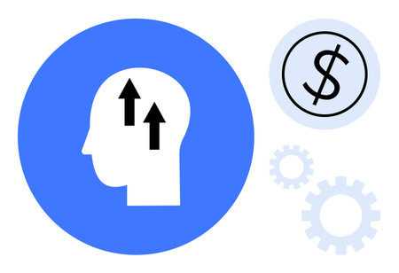Blue circle with head and upward arrows representing growth, dollar sign for finances, and gears for productivity. Ideal for innovation, strategy, finance, productivity, business, development simpleのイラスト素材