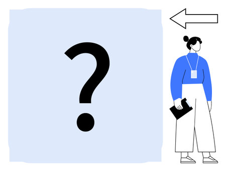 Large question mark with arrow pointing left, next to a person holding clipboard. Highlights decision-making, navigation, analysis, and guidance. Ideal for strategy, problem-solving, leadershipのイラスト素材