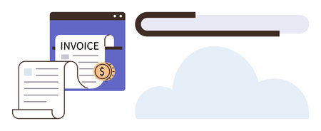 Digital invoice with currency icon linking to cloud storage, symbolizing finance, organization, sustainability, and digital tools. Ideal for business, accounting, apps, data storage paymentのイラスト素材