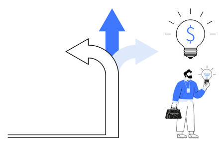 Person holding a lit bulb, representing innovation and solution, beside arrow paths indicating choices and growth opportunities. Ideal for decision-making, leadership, strategy, innovationのイラスト素材