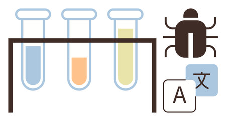 Three test tubes on a rack, bug symbol, and language translation icon. Ideal for science, technology, coding, debugging, language processing research education. Simple flat metaphorのイラスト素材