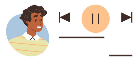 Portrait of smiling person next to media control elements thumbs up play, pause, and skip in flat graphic style. Ideal for music, technology, user interface, entertainment, streaming, apps simpleのイラスト素材