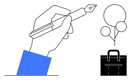 Stylized hand sketching with fountain pen, abstract round balloons, and a simple briefcase. Ideal for creativity, writing, education, productivity, work-life balance, corporate planning simple flatのイラスト素材