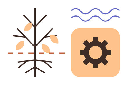 Stylized tree shedding leaves, horizontal dashed line, gear inside orange square, blue wavy lines. Ideal for technology, sustainability, ecology, innovation process environment balance. Simpleのイラスト素材