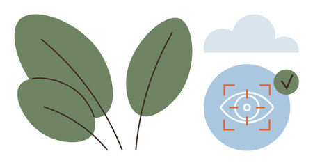 Green leaves with monitoring technology overlay, cloud, and checkmark symbolizing eco-awareness, precision, and sustainability. Ideal for conservation, ecology, innovation, agriculture technologyのイラスト素材