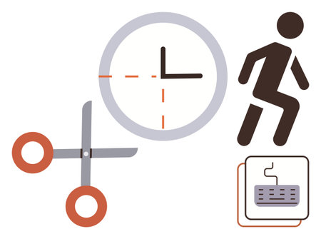 Clock with dashed sections, scissors, running person, and keyboard suggesting productivity, efficiency, and multitasking. Ideal for time management, routine, workflow deadlines flexibilityのイラスト素材