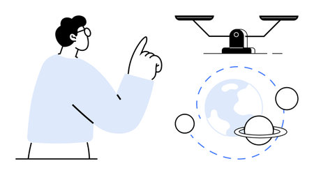 Person raising a finger, balancing scale symbolizing justice, planets orbiting Earth representing science. Ideal for justice, balance, decision-making, science, education, global themes criticalのイラスト素材