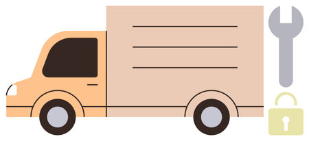 Orange delivery truck, wrench, and lock signify logistics, repair, and safety. Ideal for transport, delivery, maintenance security supply chain service customization. Represents simple flatのイラスト素材