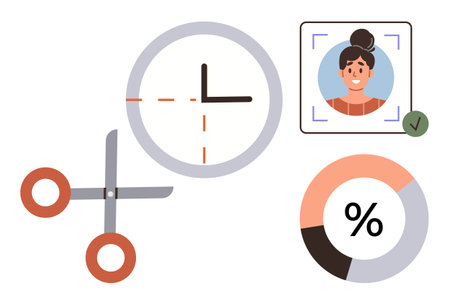 Scissors, clock, user profile with recognition checkmark, and pie chart. Ideal for time efficiency, teamwork, personalization, task planning productivity analytics creative projects. Simple flatのイラスト素材