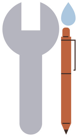 Wrench paired with pen and water droplet evokes creativity, problem-solving, repair, innovation, industry, art, functionality. Ideal for workflow, technical writing design engineering innovationのイラスト素材
