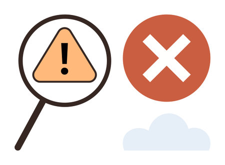 Magnifying glass examining exclamation triangle warning, bold X error symbol, and cloud graphic. Ideal for cybersecurity, risk management, error detection, online safety, caution analysisのイラスト素材