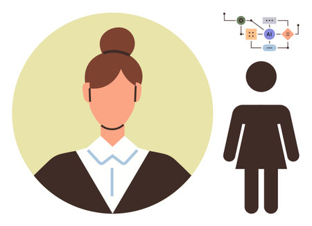 Woman in formal attire with AI workflow diagram above, emphasizing innovation, decision-making, AI, technology, business strategy, data processing, and modern problem-solving in a simple flatのイラスト素材