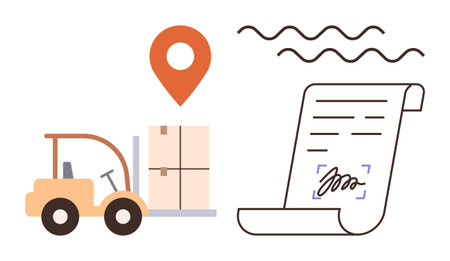 Forklift carrying boxes, signed document indicating delivery completion, and location marker. Ideal for transportation, shipping, logistics, supply chain, delivery, inventory management businessのイラスト素材