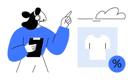 Female customer service worker wearing a headset holds tablet, pointing toward online store with clothing and discount icon. Ideal for e-commerce, sales support, online shopping, cloud retailのイラスト素材