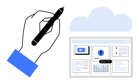 Hand holding pen near digital dashboard with analytics, graphs, and media under a cloud. Ideal for creativity, data management, cloud computing, analytics, online tools, productivity digitalのイラスト素材