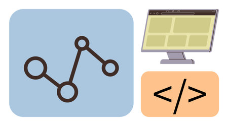Node connections, computer screen displaying a web layout, and coding angle brackets. Ideal for...